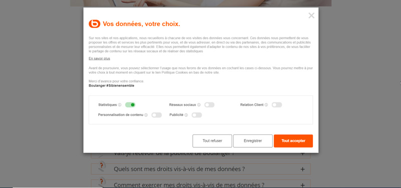 Un exemple : le bandeau de cookies du site Boulanger